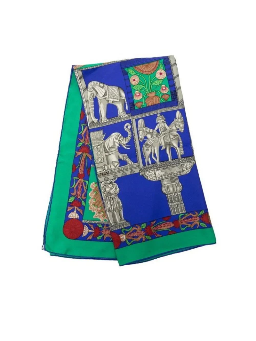 Hermes Carre 90 Torana Tower Scarf Green Multicolor Silk